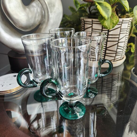 Set of 4 Vtg Pedestal Glass Irish Coffee Bar Mugs w/ Green Accent MCM Art Deco - Picture 1 of 9